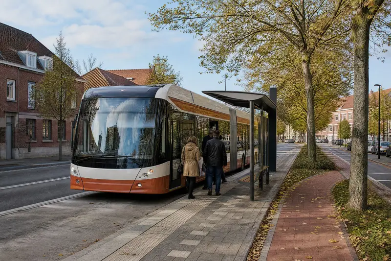 Bus articulé blanc et orange à un arrêt abrité, sur une avenue bordée d'arbres d'automne et de maisons de brique.