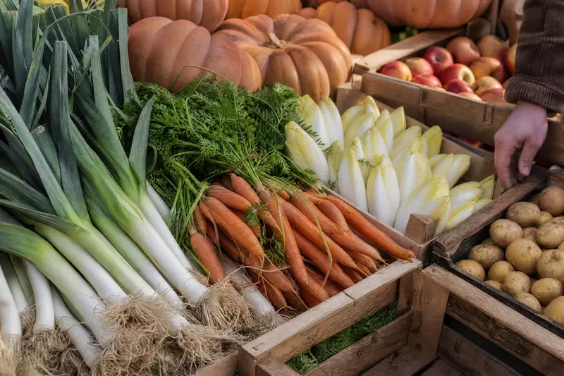 Étal de marché en cagettes de bois : poireaux, carottes en botte, endives, pommes de terre, pommes et potirons.